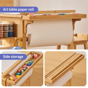 UNICOO Drawing and Art Table & Chair Set for Toddlers - Portable Craft Supplies Organizer and Storage Shelves, Canvas Bins, Paper Roll Rack, 2 Stools, Kids Art Table, Ages 2-12 (Nature)