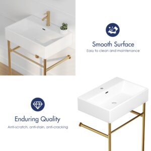 Eridanus 24"x16" Console Bathroom Sink, Free Standing 30 Inch Chrome Steel Support Pedestal Legs, Wall Mount White Vessel Ceramic Vanity Basin Modern Rectangular Sinks Porcelain, Brushed Gold