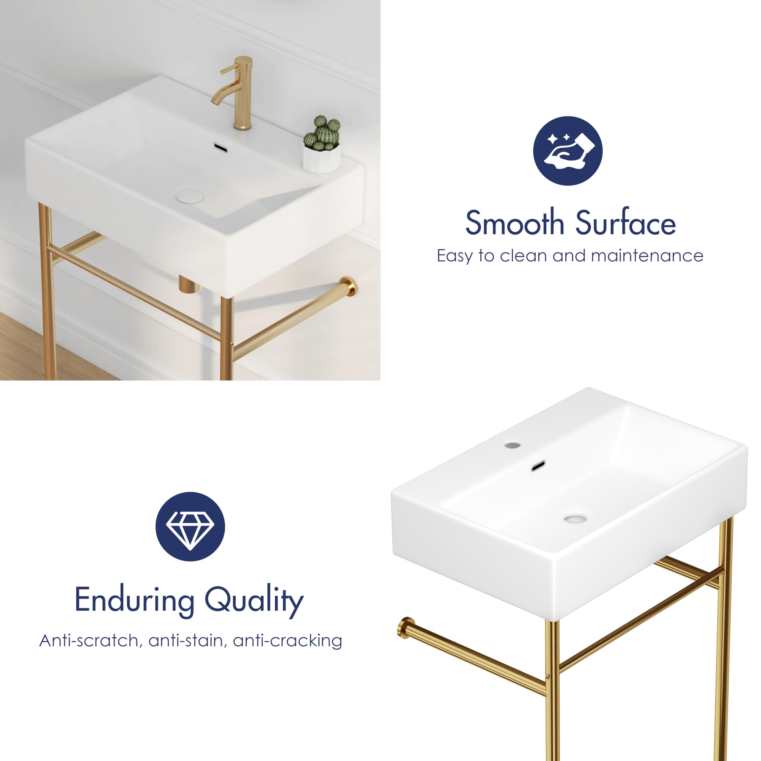 Eridanus 24"x16" Console Bathroom Sink, Free Standing 30 Inch Chrome Steel Support Pedestal Legs, Wall Mount White Vessel Ceramic Vanity Basin Modern Rectangular Sinks Porcelain, Brushed Gold