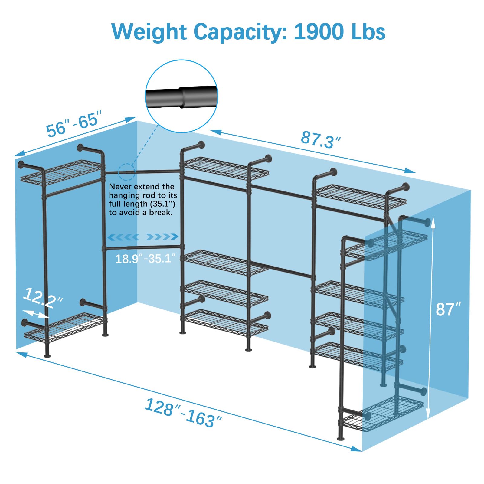 Timate U3 U Shape Garment Rack Heavy Duty Clothes Rack for Hanging Clothes, Expandable Industrial Pipe Clothing Rack Wall Mounted Closet L Shaped Closet Wardrobe Closet System, Large Closet Kit, Black