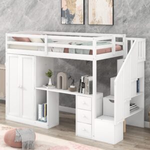 white twin loft bed with stairs and desk, wooden twin loft bed with wardrobe and storage drawers, high loft bed frame for kids, teens, adults boys & girls, loft bed twin with storage