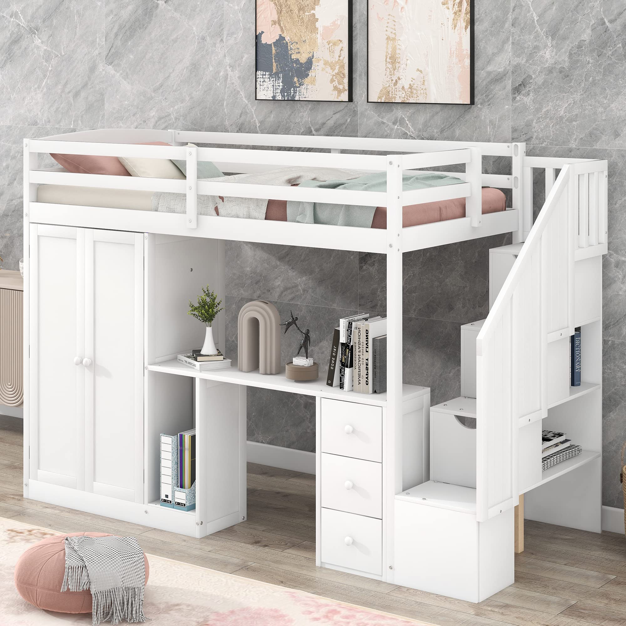 White Twin Loft Bed with Stairs and Desk, Wooden Twin Loft Bed with Wardrobe and Storage Drawers, High Loft Bed Frame for Kids, Teens, Adults Boys & Girls, Loft Bed Twin with Storage