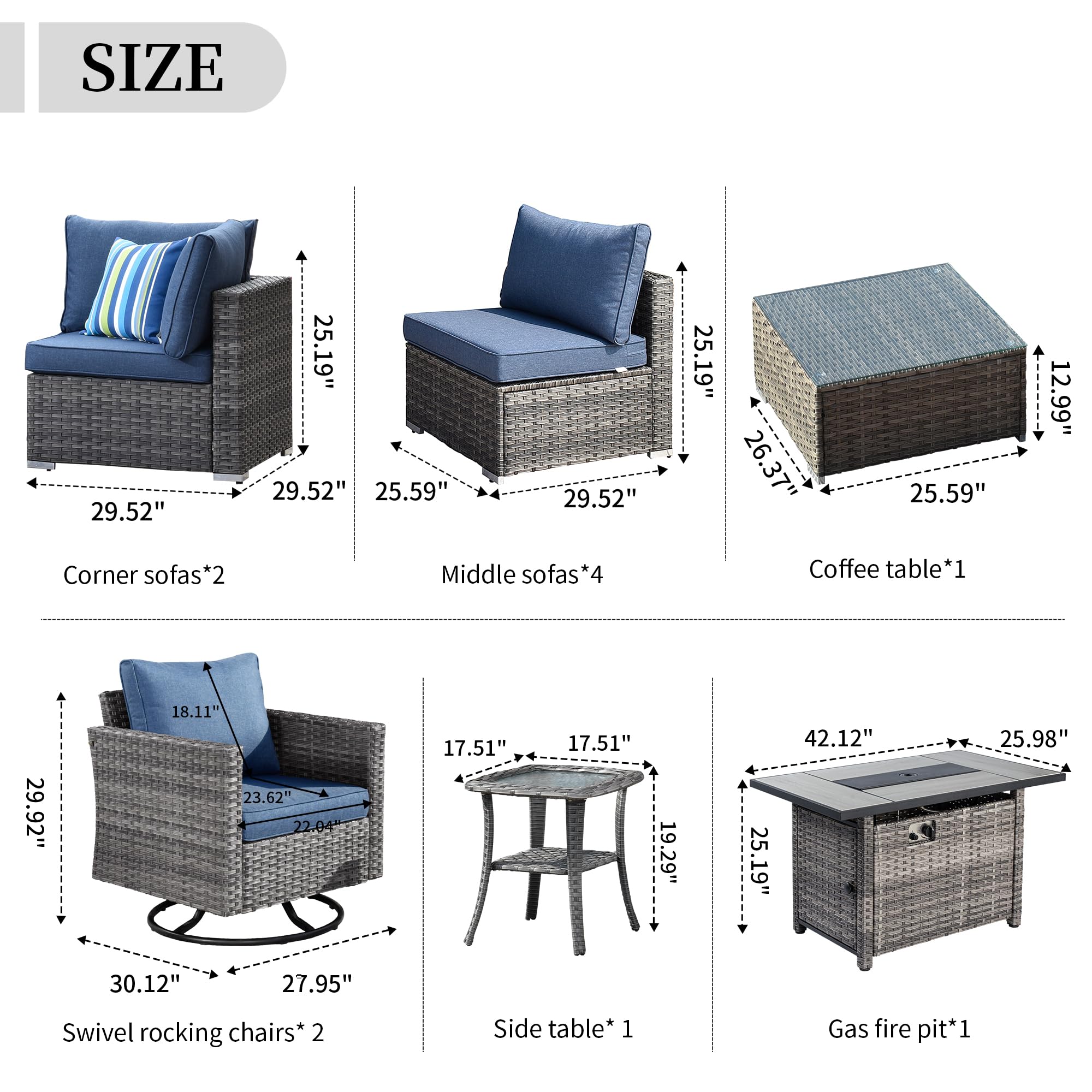 HOOOWOOO 11 Piece Patio Sectional Furniture Set with Fire Pit Table,Modern Wicker Outdoor Conversation Sofa Sets,Weather Resistant Modular L Shaped Outside Couch Swivel Chair Set(Denime Blue)