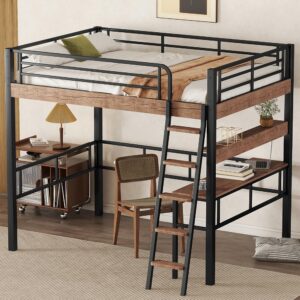 full size loft bed with desk and storage shelf, metal loft bed full size with wider ladder and full length guardrail, full size loft bed for kids, teens, full size loft bed black+natural