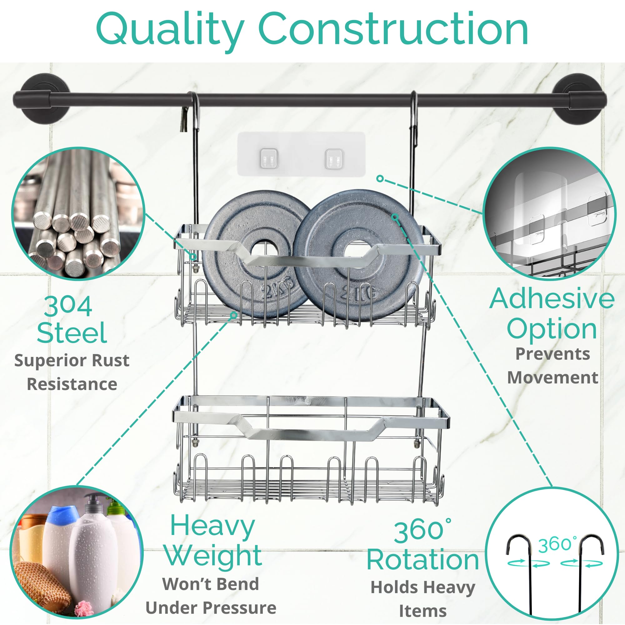 Hanging Shower Caddy Over Door - 304 Rust-proof Stainless Steel Shower Hanging Caddy with Rotatable Hooks and Adhesives for Bathroom Essentials, Equipped with Rotateable Hooks and extra Adhesives