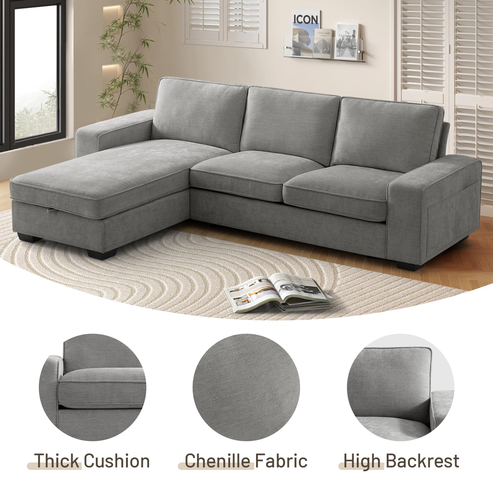 EASELAND 101“ Convertible Sectional Sofa, 3-Seat L Shape Couch for Living Room, Chenille Modern Comfy Sofa with Reversible Storage Chaise for Bedroom, Deep Seat Sofa with Removable Cover (Grey)