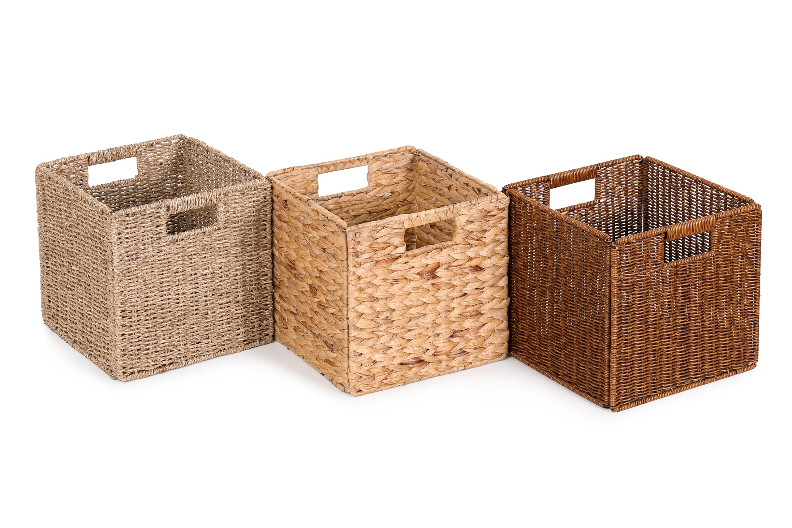 11x11x11in Seagrass Storage Baskets, Woven Baskets for Storage, Large Cube Wicker Storage Basket for Shelves Set of 3, Wicker Storage Basket, Bedroom, Living Room