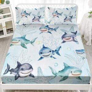 ailonen shark fitted sheet set twin size, ocean shark bed sheet set for boys kids,blue starfish shark fitted sheet with 2 pillowcases,3 pieces bed sheet set