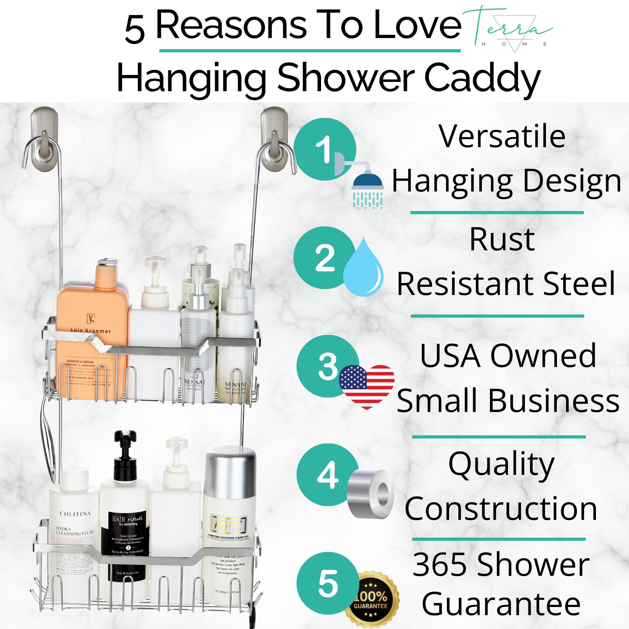 Hanging Shower Caddy Over Door - 304 Rust-proof Stainless Steel Shower Hanging Caddy with Rotatable Hooks and Adhesives for Bathroom Essentials, Equipped with Rotateable Hooks and extra Adhesives