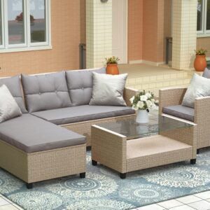 Merax 4 Piece Outdoor Patio Furniture Sets Conversation Set Wicker Ratten Sectional Sofa with Seat Cushions