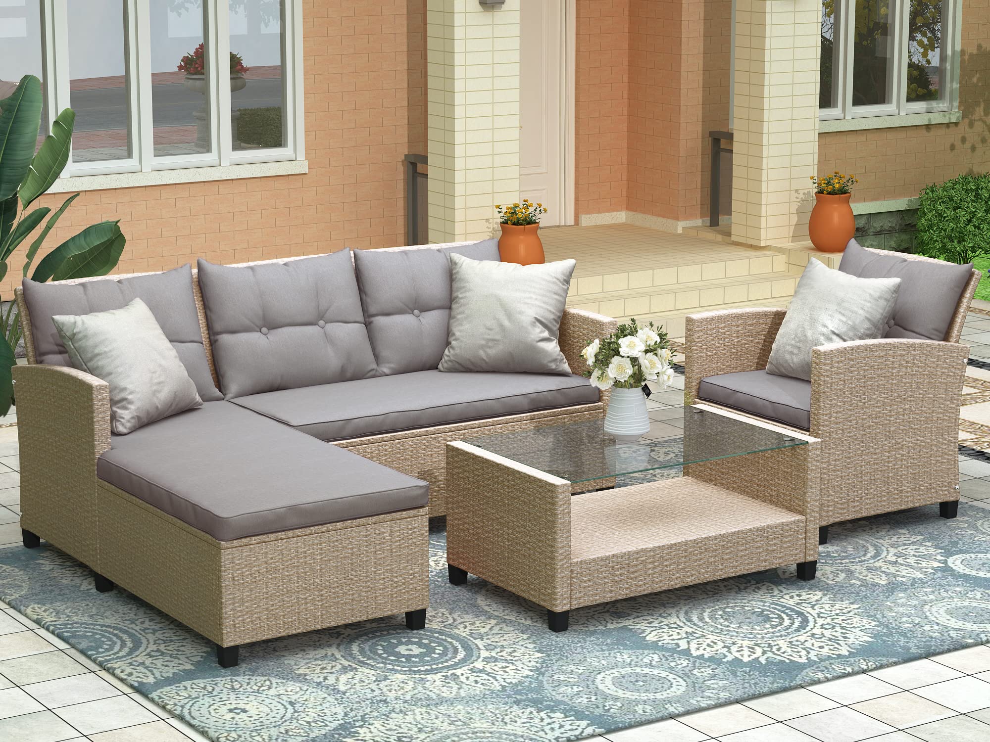 Merax 4 Piece Outdoor Patio Furniture Sets Conversation Set Wicker Ratten Sectional Sofa with Seat Cushions