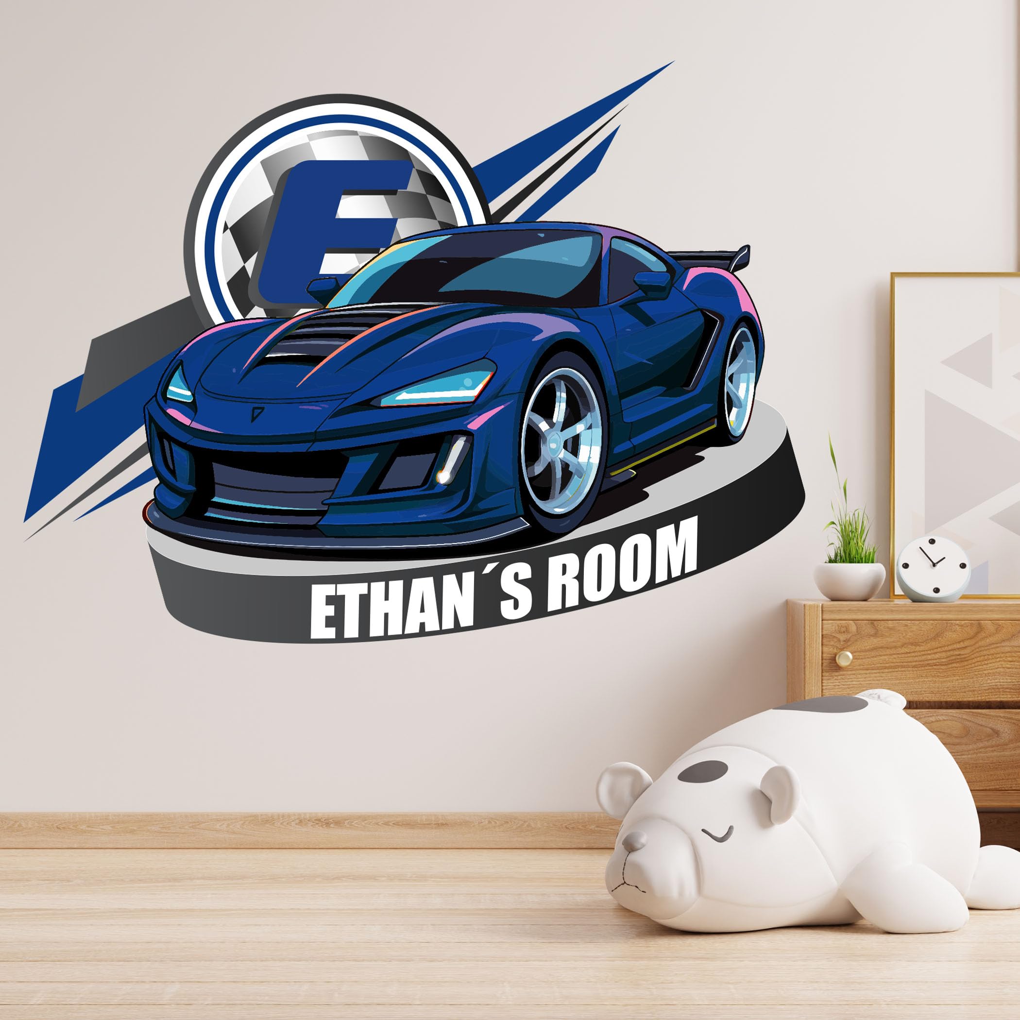 AdesiivoStudio Cars Room Decor for Boys - Race Flag Name Wall Decal - Personalized Wall Art for Boys, Baby, and Kids - Custom Name Wall Decal with Race Car Theme (Sports Car)