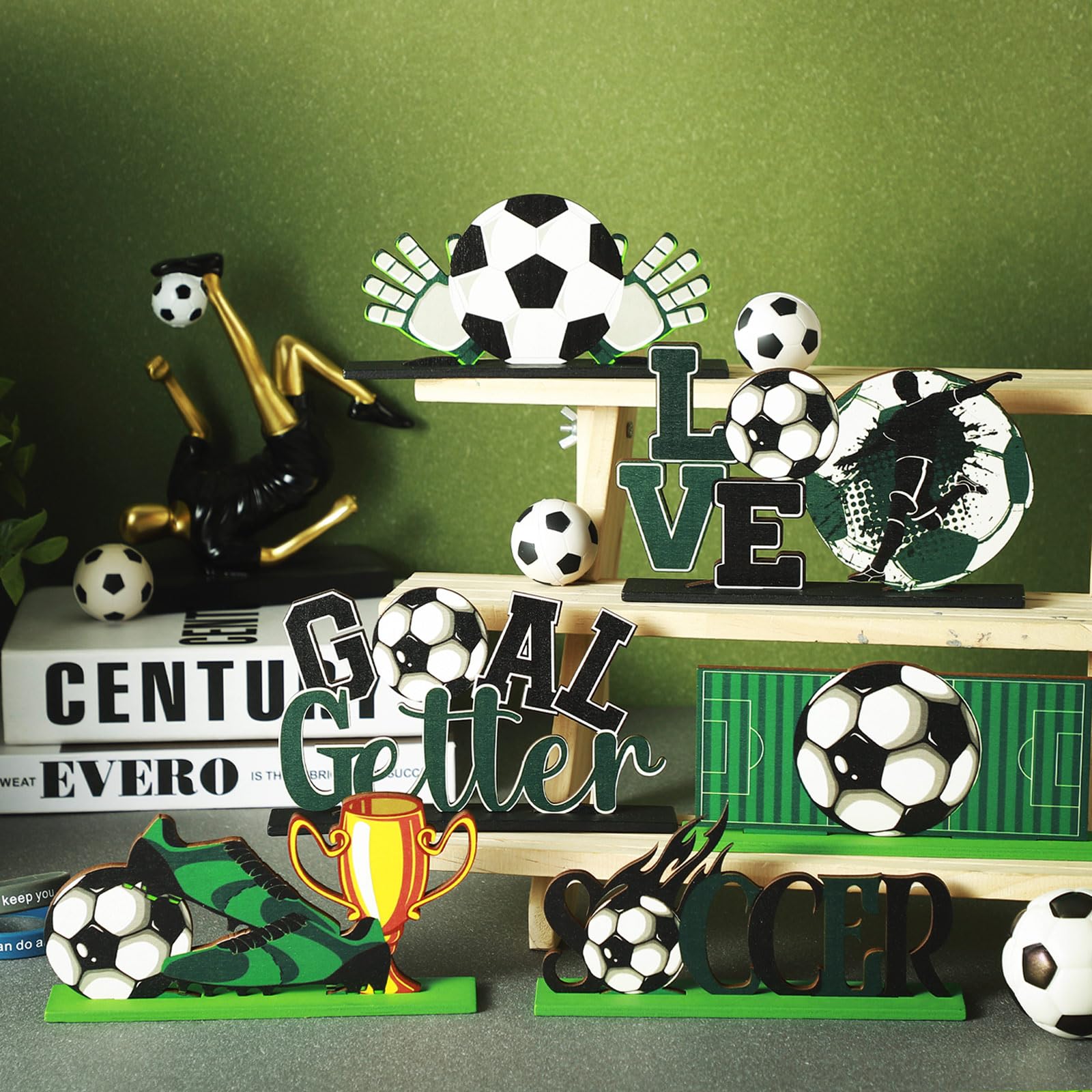 Suzile 6 Pcs Soccer Ball Table Wooden Decorations Green Black Table Centerpiece Sign Soccer Football Theme Party Detachable Tabletop Decor Photo Props for Boys Kids Birthday Party Supplies