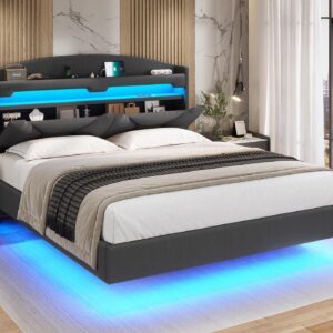 ADORNEVE Queen Floating Bed Frame with USB-C/A Charging Station, LED Bed Frame with Storage Headboard, Upholstered Platform Queen Bed with Shelves, Hidden Storage, Stable Structure,Dark Grey