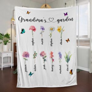 Personalized Grandma's Garden Blanket, Grandma Blanket with Kids Name, Mom Grandma's Garden Birth Month Flower Bouquet, Best Gift for Mother, Birth Flower, Gifts for Mothers Day Birthday 3