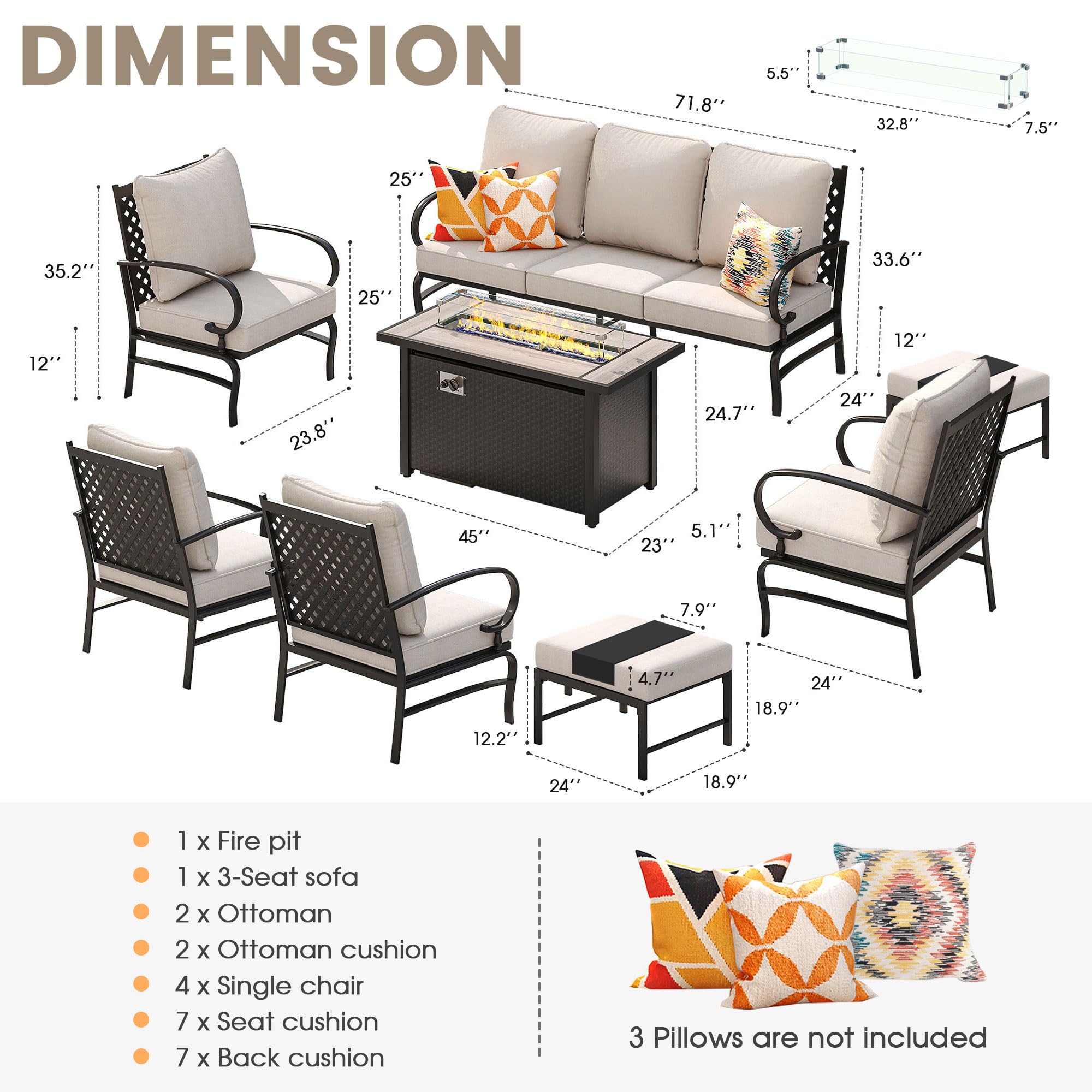 VICLLAX 8 Pieces Patio Furniture Set with 45-inch Firepit,Outdoor Furniture of 3-Seater Sofa, 4 Patio Single Sofas and Marble Top Fire Pit Table with 2 Ottomans for Backyard Deck and Garden