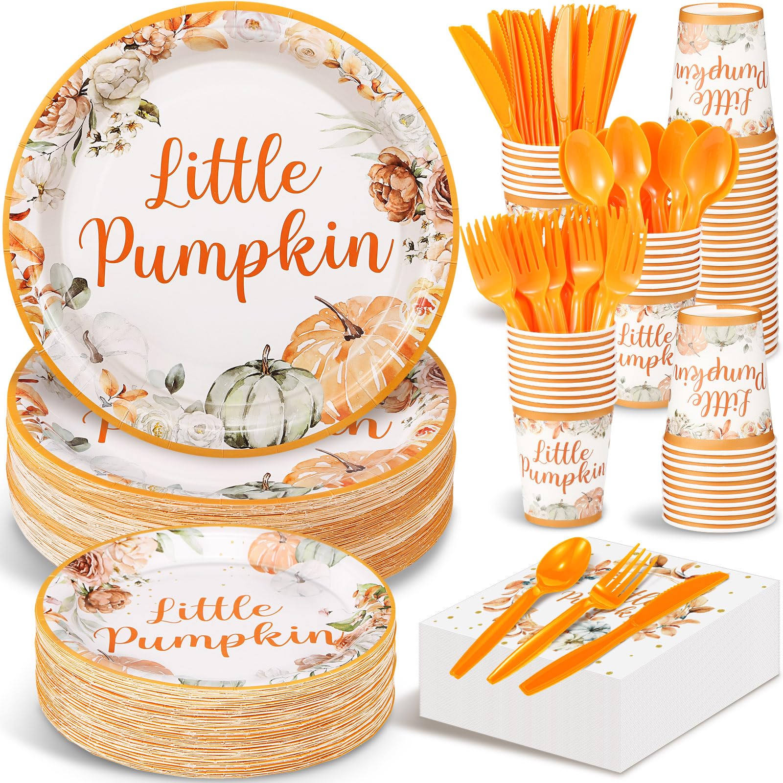 Dandat 350 Pcs Baby Shower Plates Set Baby Shower Party Supplies Serves 50 Tableware Sets Include Plates Napkin Cup Forks Knives Spoons Disposable Dinnerware for Boy Girl(little pumpkin)