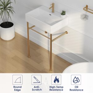 Eridanus 24"x16" Console Bathroom Sink, Free Standing 30 Inch Chrome Steel Support Pedestal Legs, Wall Mount White Vessel Ceramic Vanity Basin Modern Rectangular Sinks Porcelain, Brushed Gold