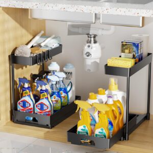 Delamu 2 Pack Under Sink Organizers and Storage, 2 Tier Pull Out Bathroom Cabinet Organizer, L-Shape Black Under Bathroom Kitchen Sink Organizer with Drawer for Under Sink Storage Organizer