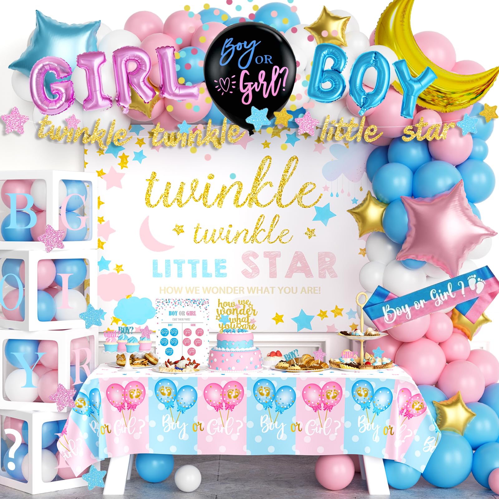 Hombae Twinkle Twinkle Little Star Gender Reveal Decorations, Star Boy or Girl Gender Reveal Decorations Balloon Garland Banner Tablecloth Box Cutout Backdrop Cake Cupcake Topper Poster Sash 172 PCs