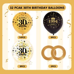 BEISHIDA 32pcs 1994 30th Birthday Balloons Gold and Black Party Decorations 12 Inch Latex and Confetti Balloon Printed with Happy Birthday for Women Men Birthday Party Decorations