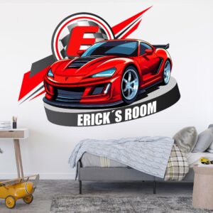 adesiivostudio cars room decor for boys - race flag name wall decal - personalized wall art for boys, baby, and kids - custom name wall decal with race car theme (sports car)