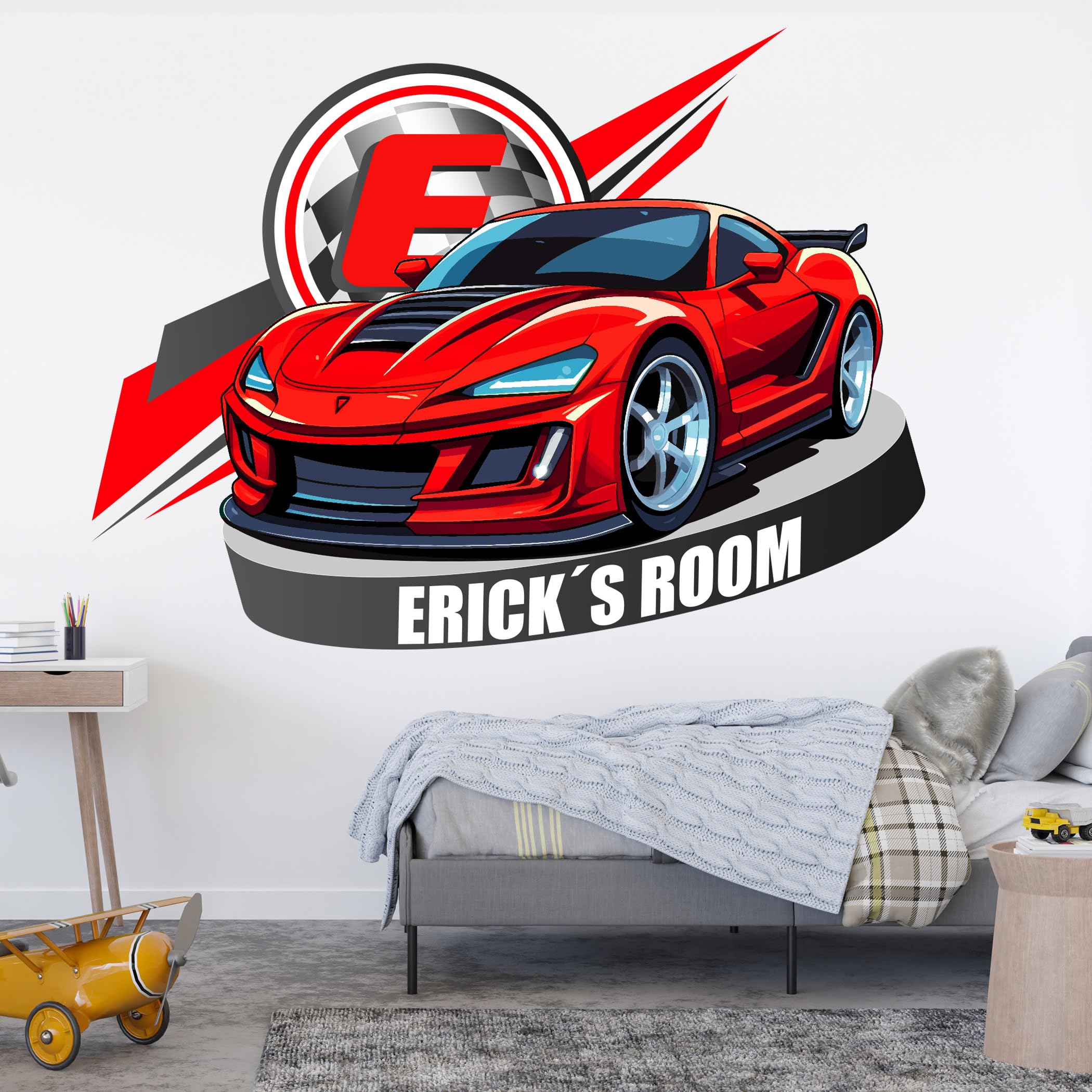 AdesiivoStudio Cars Room Decor for Boys - Race Flag Name Wall Decal - Personalized Wall Art for Boys, Baby, and Kids - Custom Name Wall Decal with Race Car Theme (Sports Car)