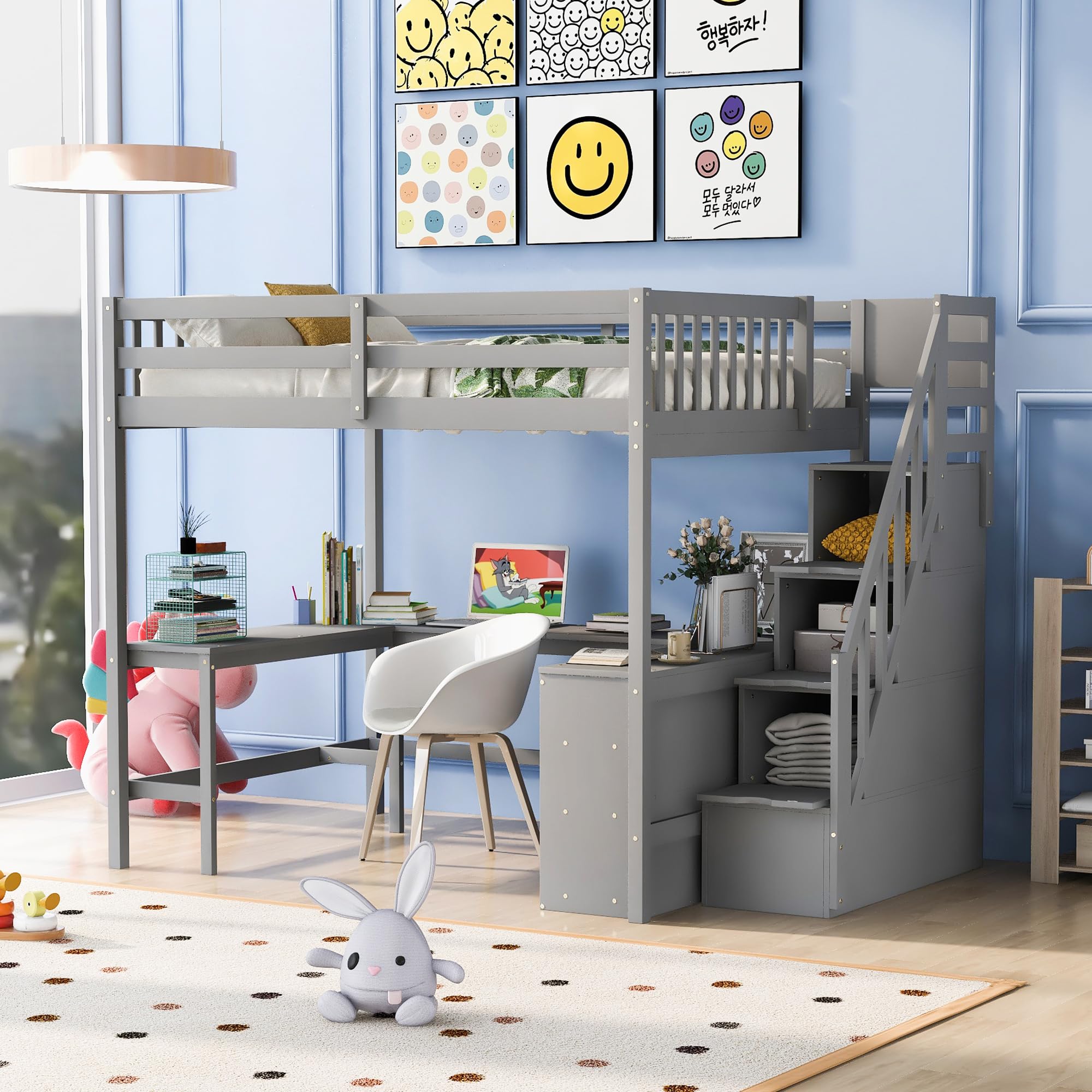 Harper & Bright Designs Full Loft Bed with Desk and Storage Shelves, Wood Full Size Loft Bed with Storage Staircase, High Loft Bed Full with Slat Support for Kids, Boys,Girls,Teens, Adults, Grey