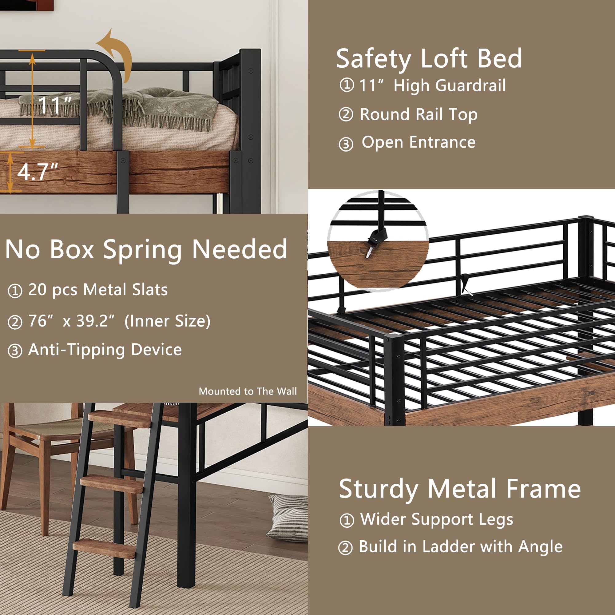 Twin Loft Bed with Desk and Storage Shelf, Metal Loft Bed Twin Size with Wider Ladder and Full Length Guardrail, Twin Size Loft Bed for Kids, Teens, Twin Loft Bed Black+Natural