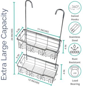 Hanging Shower Caddy Over Door - 304 Rust-proof Stainless Steel Shower Hanging Caddy with Rotatable Hooks and Adhesives for Bathroom Essentials, Equipped with Rotateable Hooks and extra Adhesives