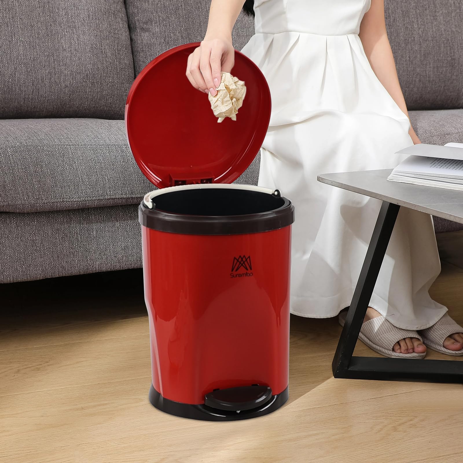 Ysmiltion 2.6 Gallon Plastic Step On Trash Can, Round Plastic Garbage Can, Red