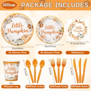 Dandat 350 Pcs Baby Shower Plates Set Baby Shower Party Supplies Serves 50 Tableware Sets Include Plates Napkin Cup Forks Knives Spoons Disposable Dinnerware for Boy Girl(little pumpkin)