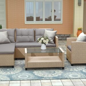 Merax 4 Piece Outdoor Patio Furniture Sets Conversation Set Wicker Ratten Sectional Sofa with Seat Cushions