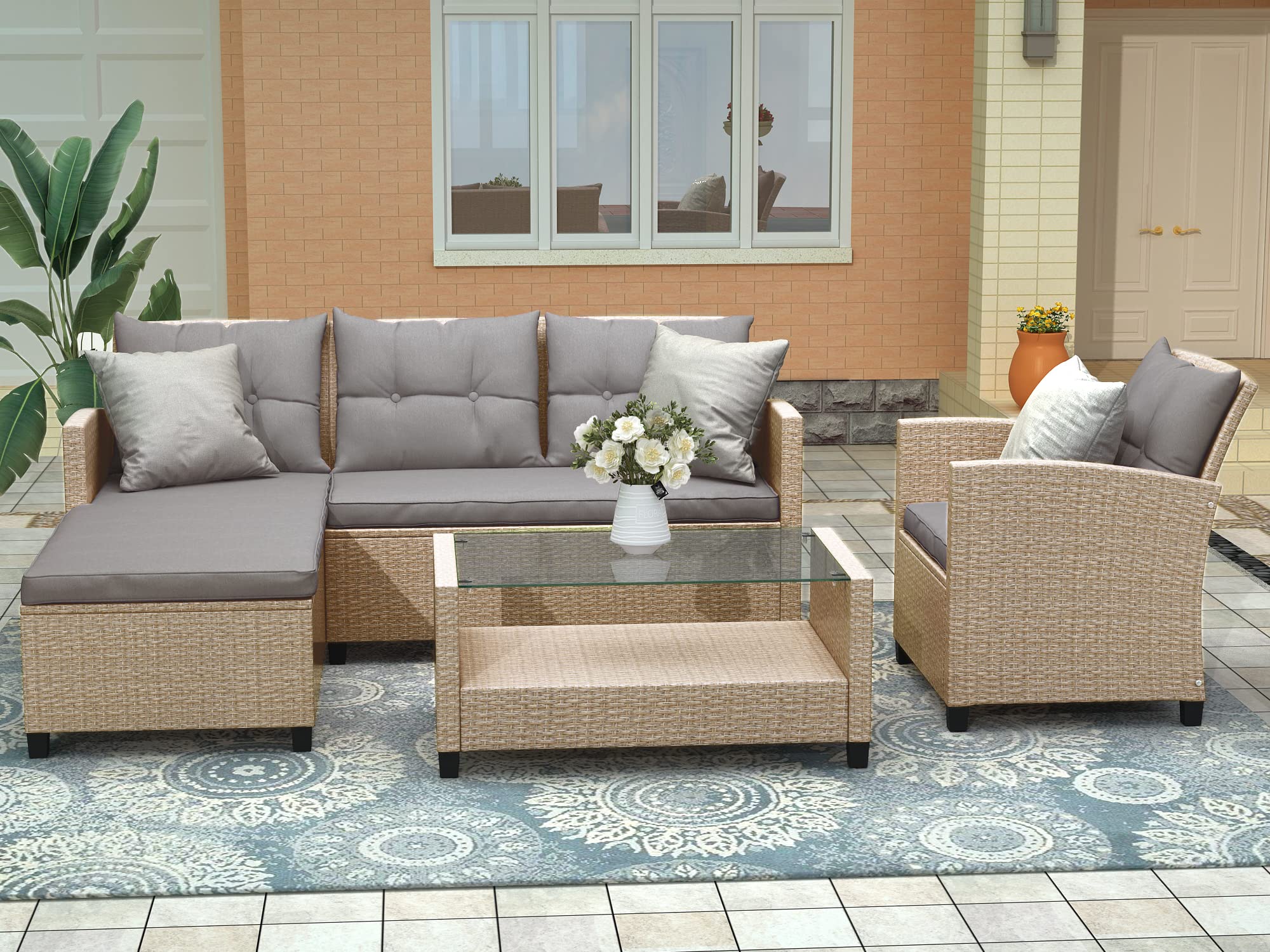 Merax 4 Piece Outdoor Patio Furniture Sets Conversation Set Wicker Ratten Sectional Sofa with Seat Cushions