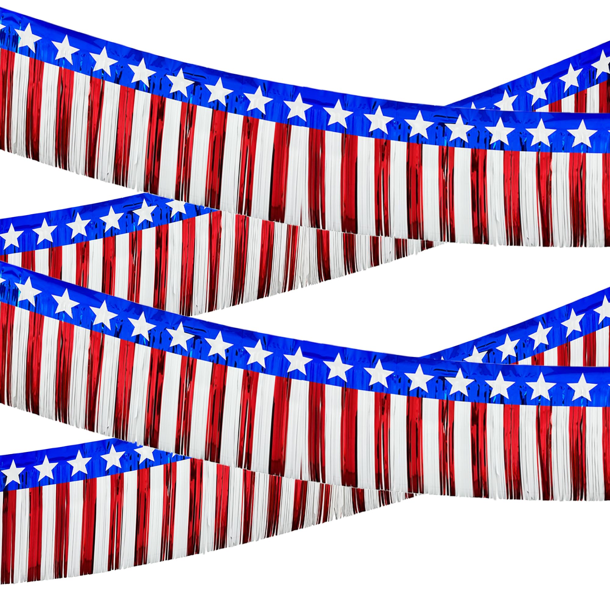 4 Pack Parade Floats Foil Fringe, Each 10 ft x 15'' American Flag Stripes and Stars Tinsel Patriotic foil Fringe Garland for 4th of July Trailer Car Graduation Homecoming Party (4 Pack)…