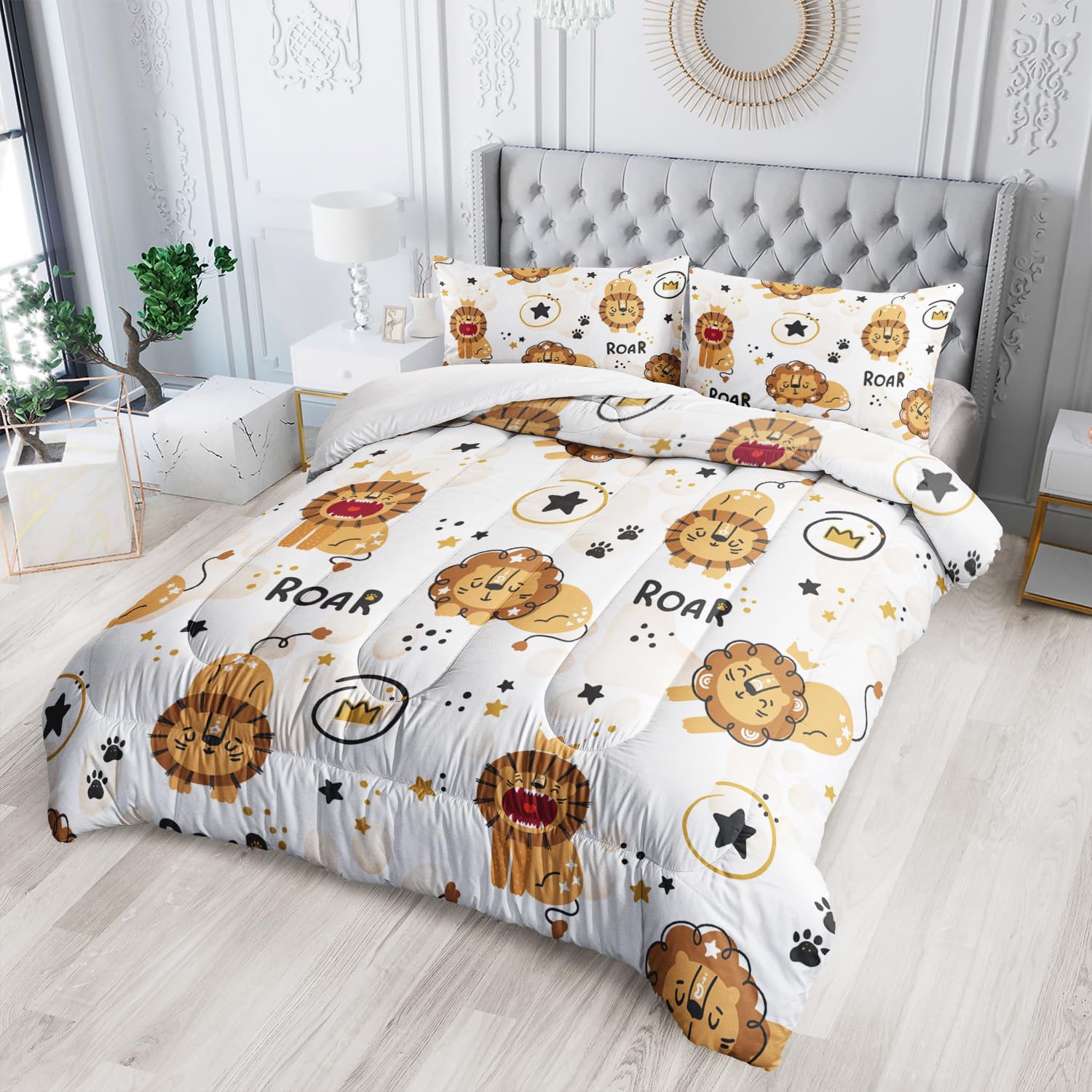 AILONEN Kids Lion Comforter Set Twin Size, 3 Pieces Kawaii Bed in a Bag,Cute Lion Kids Bedding Set for Boys Girls,Cartoon Animal Pattern Quilt with 2 Pillowcases