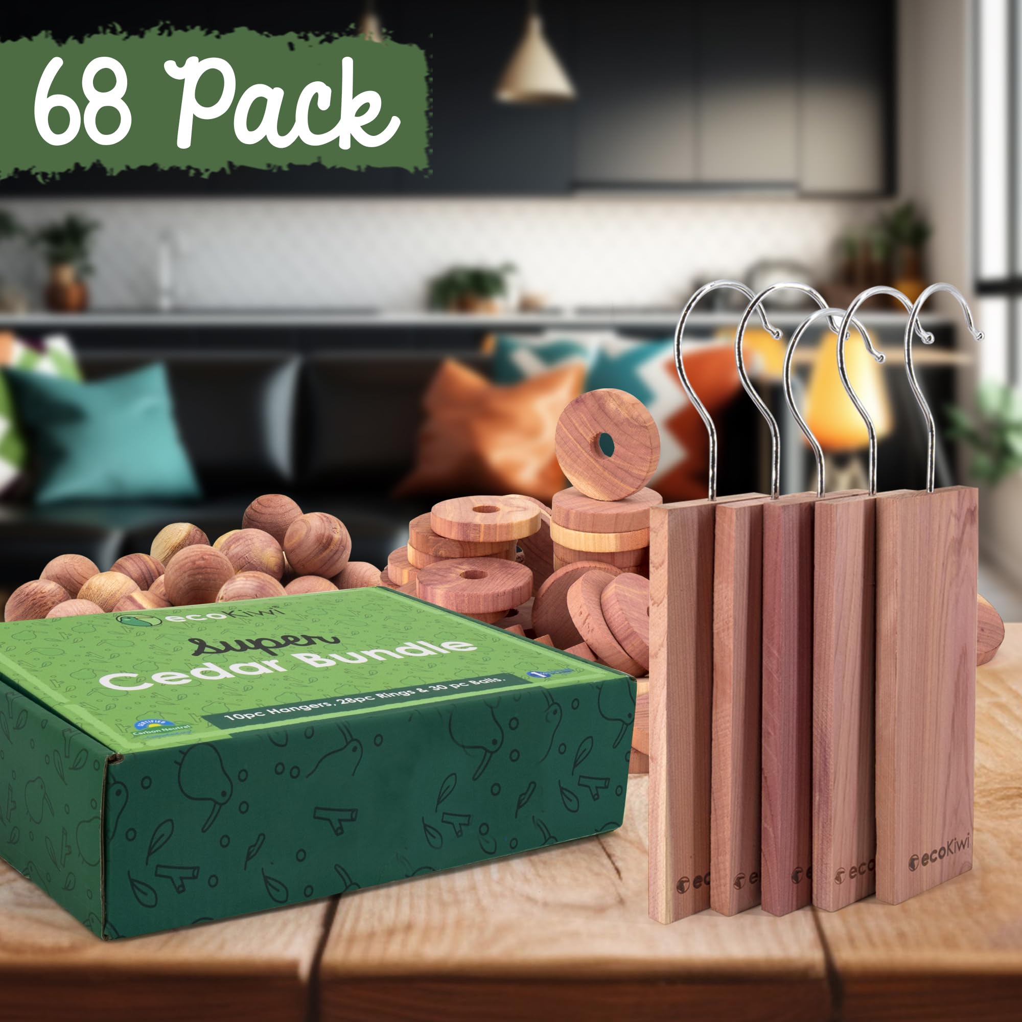 ecoKiwi Cedar Blocks for Clothes Storage Super Bundle Box - Cedar Hangers x10, Balls x30 & Rings x28-100% Natural Oil Planks & Chips for Closets & Drawers - Aromatic Red Cedar Wood with Sandpaper