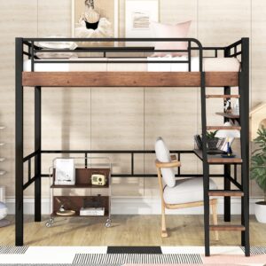 Twin Loft Bed with Desk and Storage Shelf, Metal Loft Bed Twin Size with Wider Ladder and Full Length Guardrail, Twin Size Loft Bed for Kids, Teens, Twin Loft Bed Black+Natural