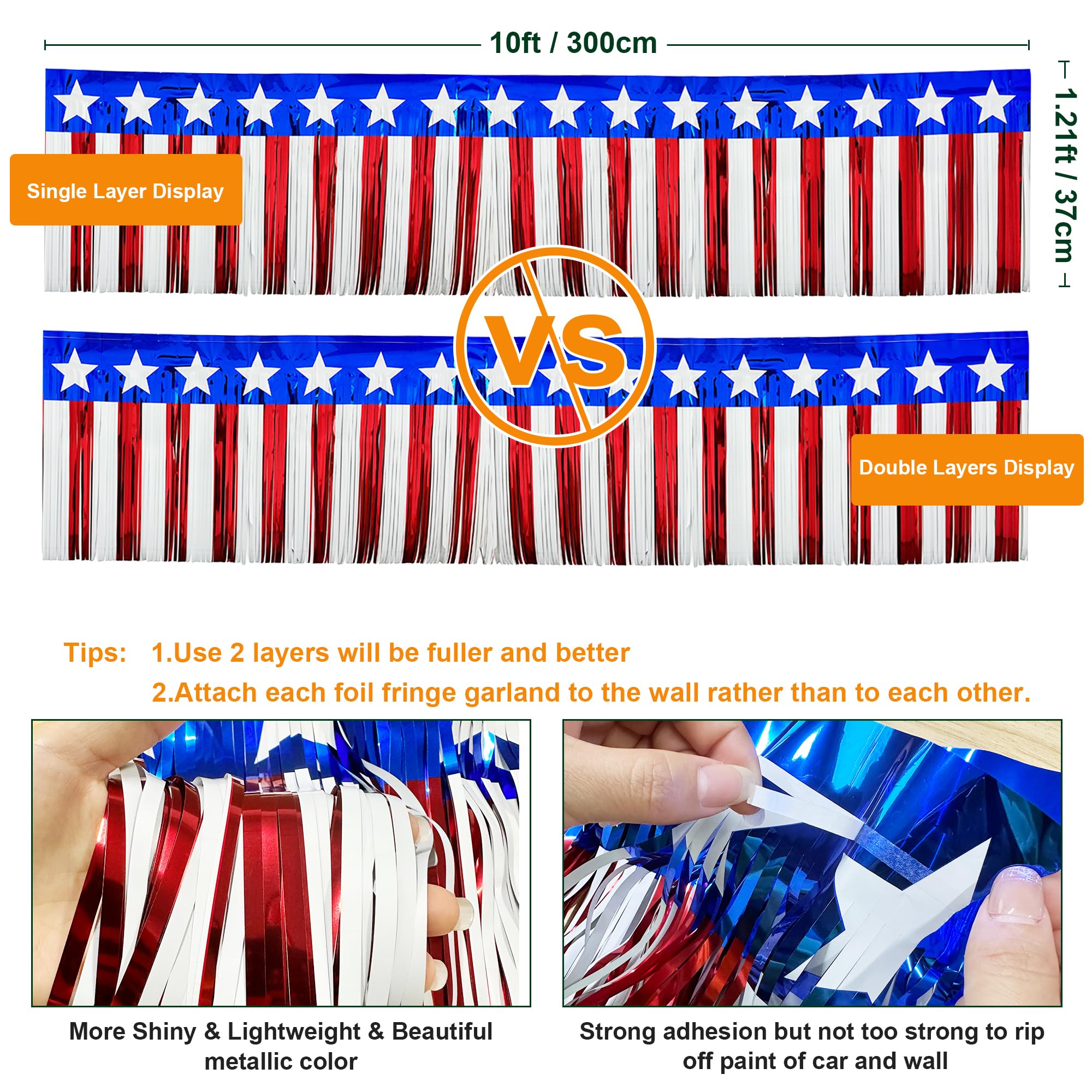 4 Pack Parade Floats Foil Fringe, Each 10 ft x 15'' American Flag Stripes and Stars Tinsel Patriotic foil Fringe Garland for 4th of July Trailer Car Graduation Homecoming Party (4 Pack)…