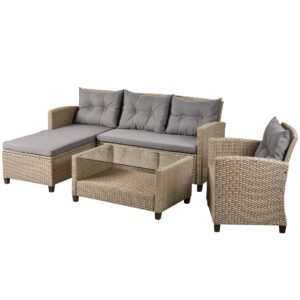 Merax 4 Piece Outdoor Patio Furniture Sets Conversation Set Wicker Ratten Sectional Sofa with Seat Cushions