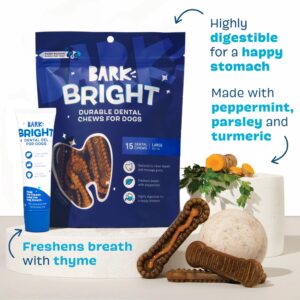 Bark Bright Durable Dog Dental Kit for Tough Chewers - 15 Chew Sticks & Toothpaste - Large Breeds