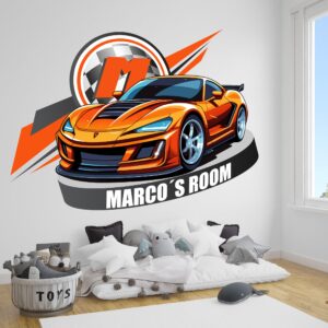 AdesiivoStudio Cars Room Decor for Boys - Race Flag Name Wall Decal - Personalized Wall Art for Boys, Baby, and Kids - Custom Name Wall Decal with Race Car Theme (Sports Car)