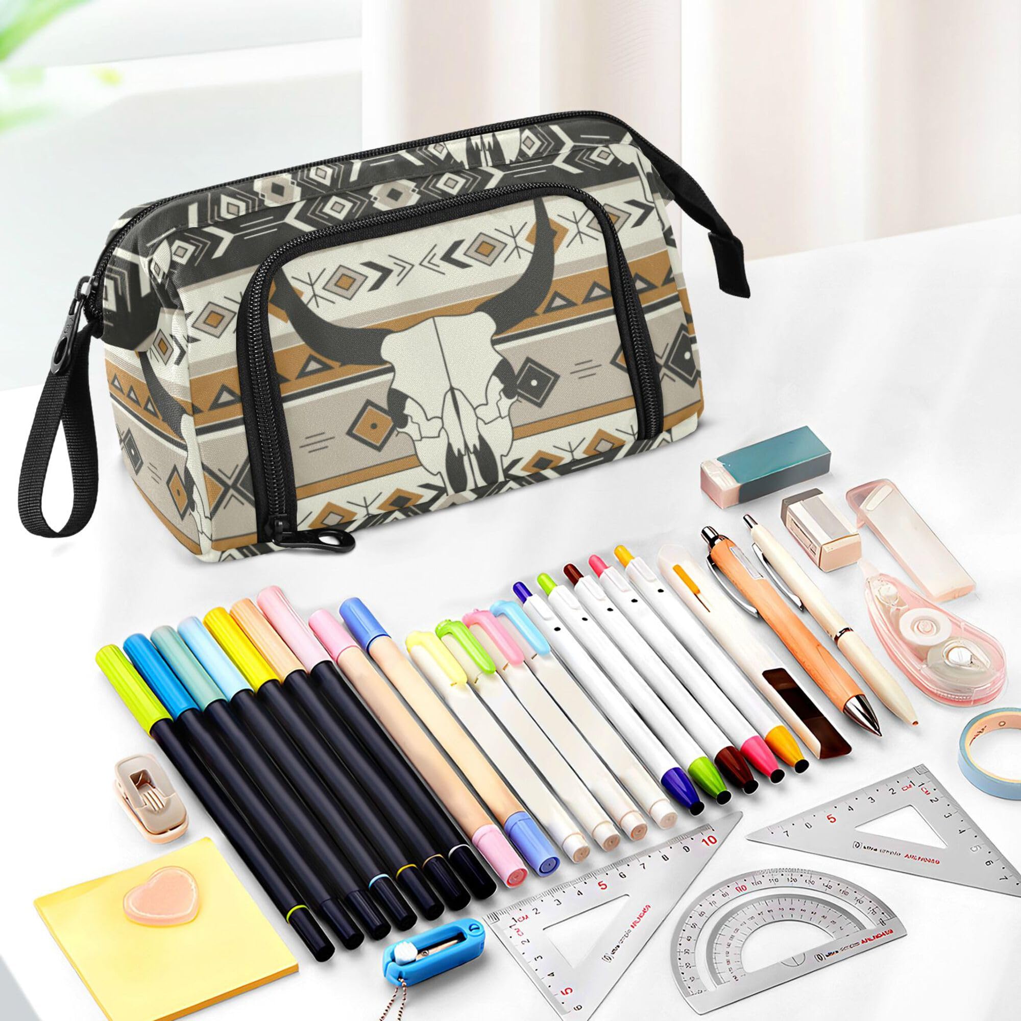 Fisyme Western Boho Bull Skulls Pencil Case Large Capacity Pencil Pouch Pen Bag Box Big Makeup Pencil Case Organizer