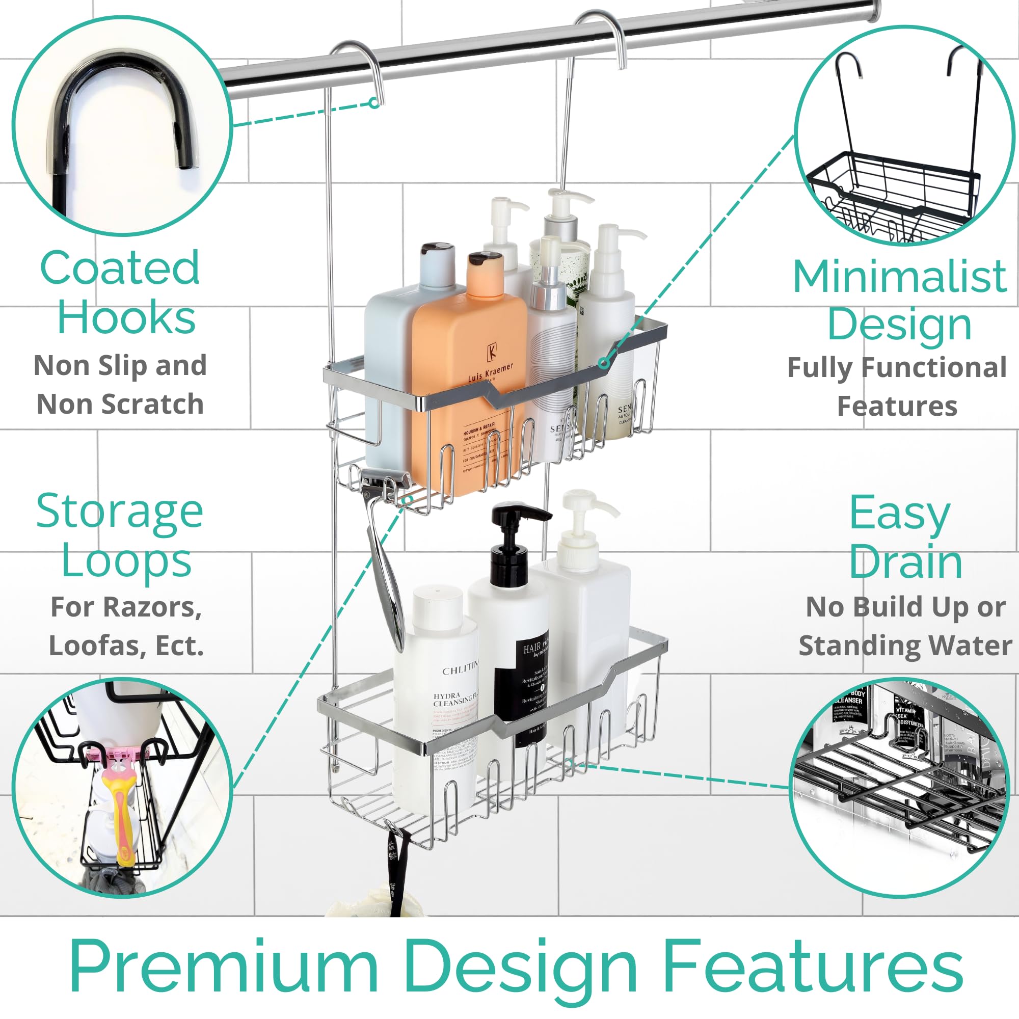 Hanging Shower Caddy Over Door - 304 Rust-proof Stainless Steel Shower Hanging Caddy with Rotatable Hooks and Adhesives for Bathroom Essentials, Equipped with Rotateable Hooks and extra Adhesives