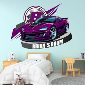 AdesiivoStudio Cars Room Decor for Boys - Race Flag Name Wall Decal - Personalized Wall Art for Boys, Baby, and Kids - Custom Name Wall Decal with Race Car Theme (Sports Car)