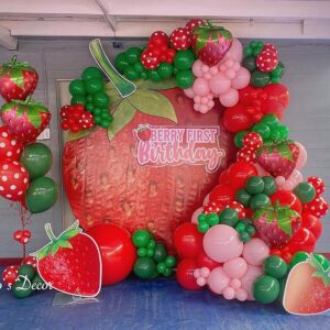 MOMO RUCCI 147Pcs Strawberry Balloons Arch Garland Kit with Strawberry Foil Balloons for Sweet Girl My Berry First Themed Birthday Party Supplies Baby Shower Gender Reveal Decorations Red Pink Green