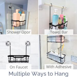 Hanging Shower Caddy Over Door - 304 Rust-proof Stainless Steel Shower Hanging Caddy with Rotatable Hooks and Adhesives for Bathroom Essentials, Equipped with Rotateable Hooks and extra Adhesives