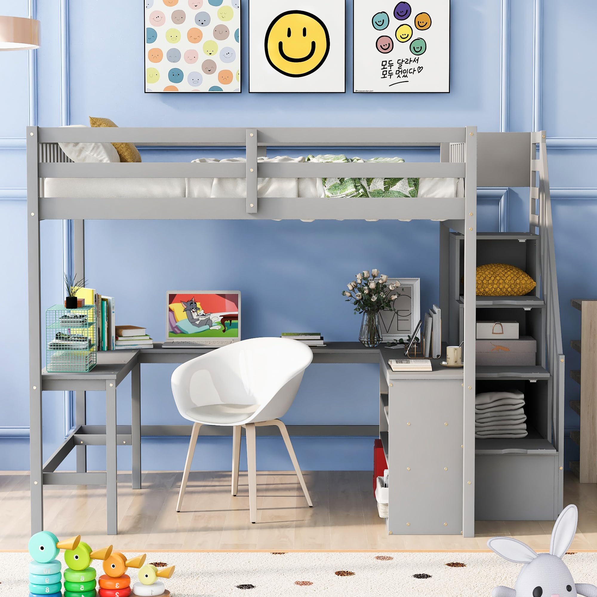 Harper & Bright Designs Full Loft Bed with Desk and Storage Shelves, Wood Full Size Loft Bed with Storage Staircase, High Loft Bed Full with Slat Support for Kids, Boys,Girls,Teens, Adults, Grey