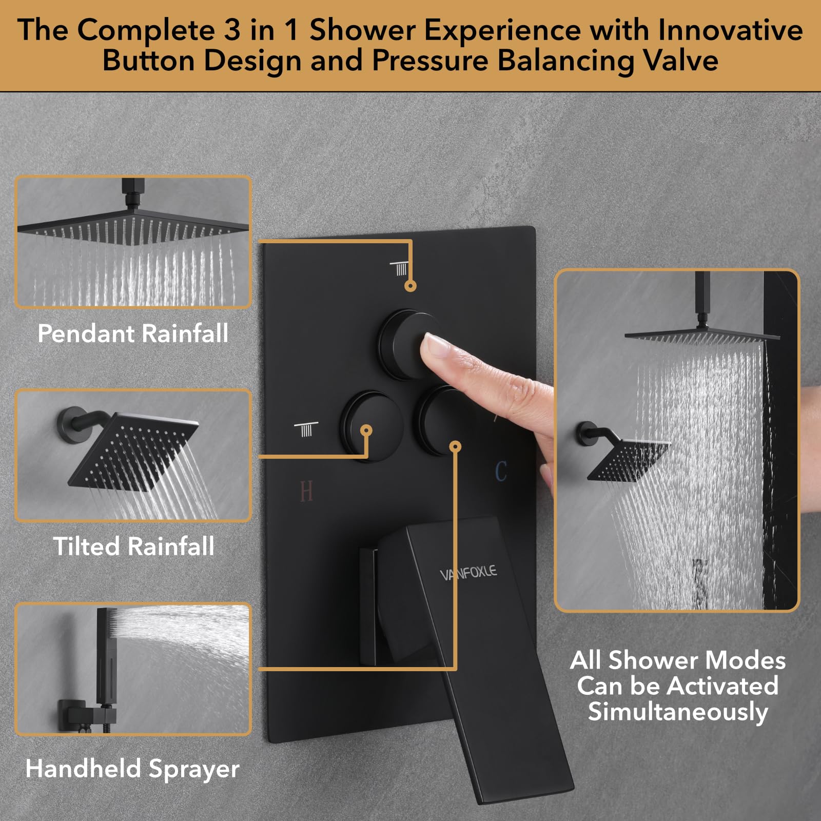 VANFOXLE Shower Faucet Set Matte Black Shower System,Push Button Diverter Shower Faucet with 2 in 1 Handheld,Ceiling Mount 10 Inch Shower Head with 6 Inch Wall Mount Shower Head