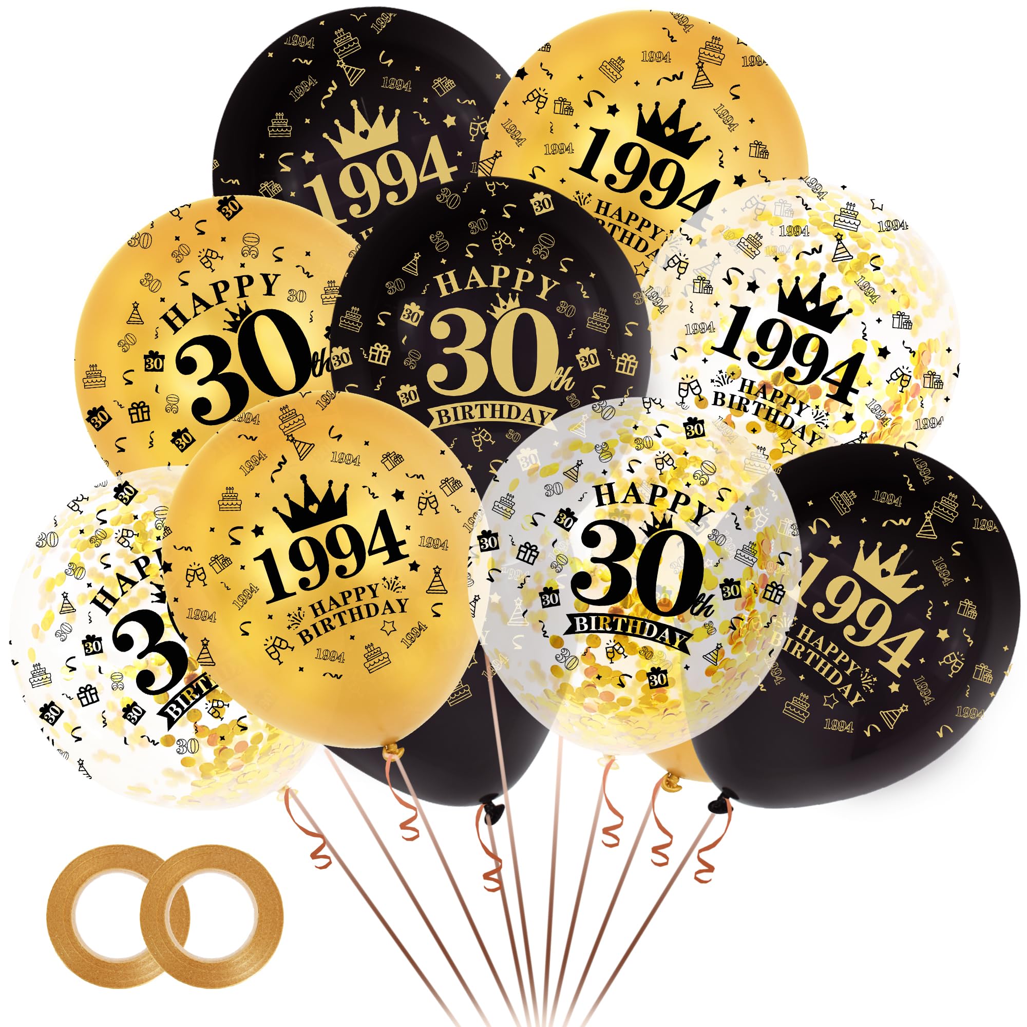 BEISHIDA 32pcs 1994 30th Birthday Balloons Gold and Black Party Decorations 12 Inch Latex and Confetti Balloon Printed with Happy Birthday for Women Men Birthday Party Decorations